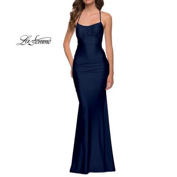 La Femme Dresses & Skirts - LA FEMME 29873 Wrap Strappy Back Jersey Gown navy blue